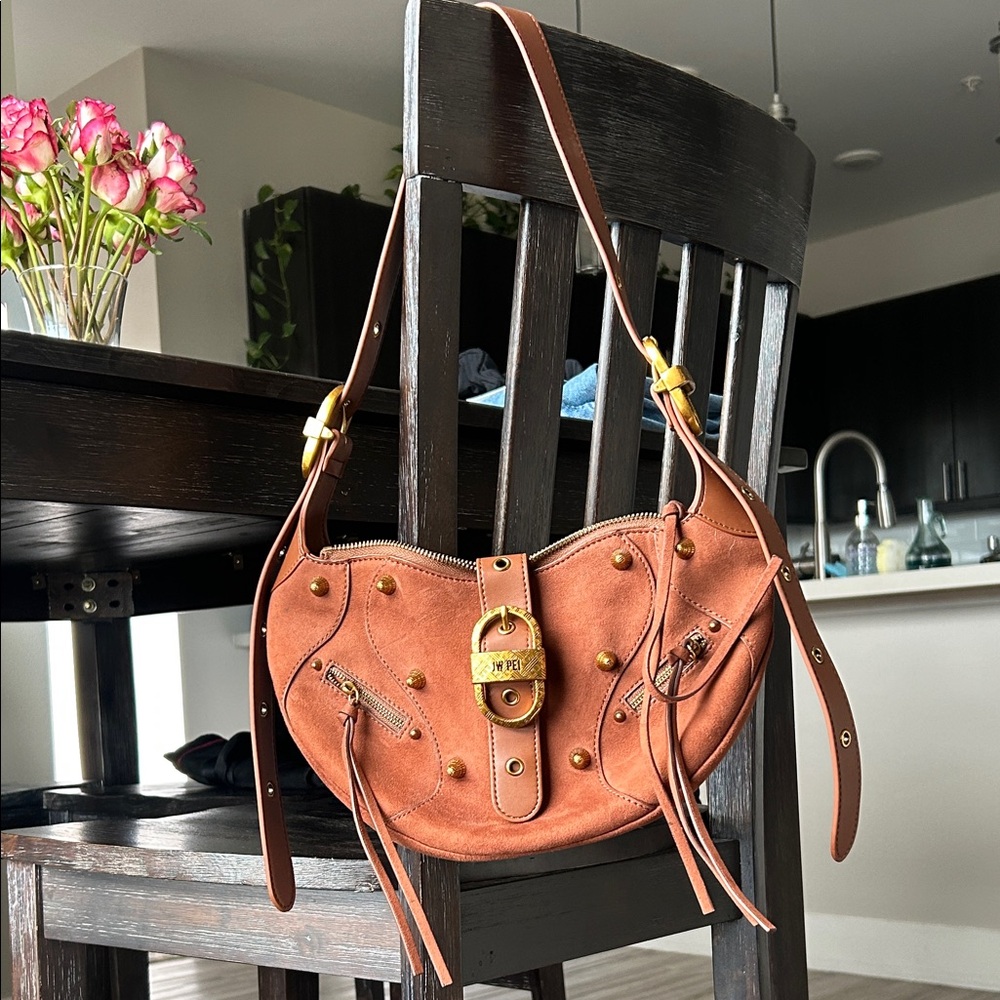 Brown Leather Studded Shoulder Bag